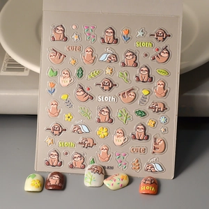 5D Embossed Sloth Nail Stickers Self Adhesive Cute Cartoon Flower Star Waterproof Nail Art Decals For Women Kids DIY