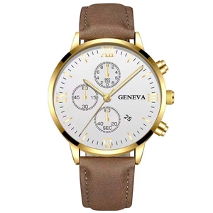 Detail of Geneva quartz watch with golden case, white dial, and brown leather strap
