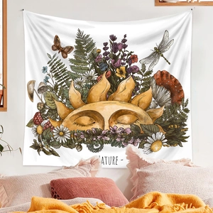 Bohemian tapestry featuring vintage sun, insects and flowers for bedroom wall decor