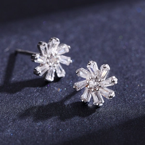 Elegant S925 silver flower stud earrings with sparkling round and baguette zircons