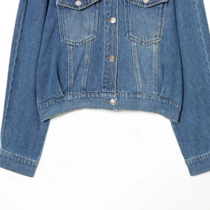 Women's classic blue long sleeve denim jacket with metallic buttons and premium stitching