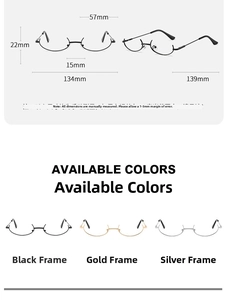 Detailed size chart and dimensions for these modern half-rim metal glasses frames