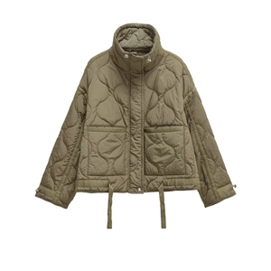 Olive green quilted puffer jacket with stand collar and decorative hem drawstrings