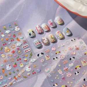 Close-up of M-1025 rabbit and rainbow graffiti nail stickers on fake nail tips