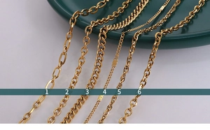 Detailed comparison of six gold-plated stainless steel chain styles numbered 1 to 6