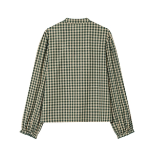Green plaid long sleeve blouse for women featuring a high neck and ruffled cuffs detail