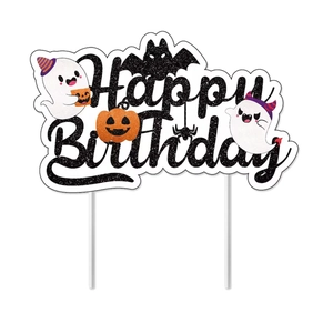 Glittery Happy Birthday cake topper with Halloween ghost, pumpkin and bat decorations
