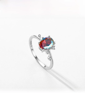 Macro shot of S925 sterling silver ring featuring colorful oval zircon and S925 hallmark