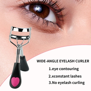 Wide-angle stainless steel eyelash curler with black handle and pink heart detail