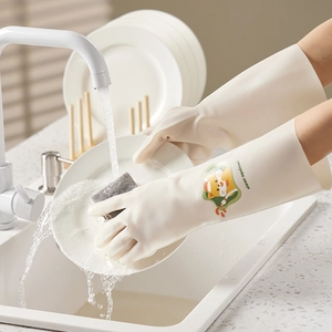Beige durable latex kitchen gloves with squirrel print for dishwashing and cleaning