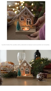 Close-up of wooden Christmas lodge candle holder with reindeer and snow-covered eaves