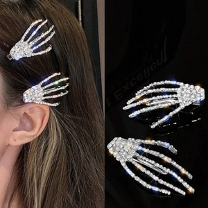 Halloween Gothique Main de Squelette Pince à Cheveux Alliage Strass Incrusté Pince Bec de Canard pour Femme Fête Accessoires