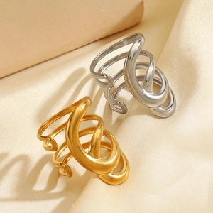 Bague ouverte épaisse à vagues multicouches en acier inoxydable mat doré et argent