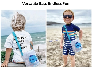 Kids wearing the blue whale mesh beach bag with adjustable strap on a sunny beach