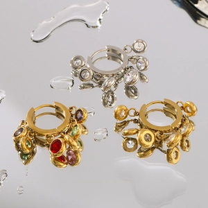 Mirror reflection of colorful zircon tassel hoop earrings in stainless steel gold and silver