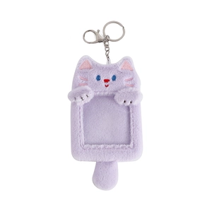 Cute lavender plush cat photo card holder keychain with transparent PVC window for ID cards