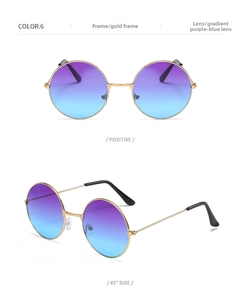 Front and 45-degree views of vintage round gold sunglasses with purple blue gradient lenses