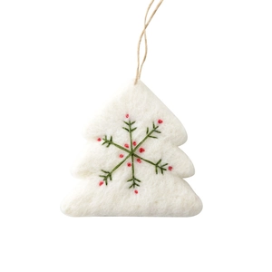 Mini felt Christmas tree ornament with green snowflake embroidery and red dots on white felt