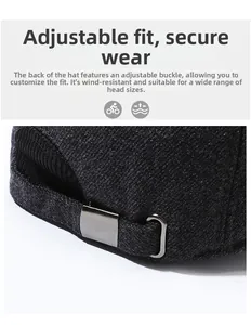 Close-up of adjustable metal buckle on men's winter wool tweed baseball cap for custom fit