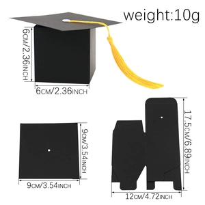 Mini black graduation cap candy box with yellow tassel and detailed size dimensions