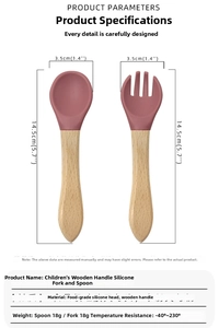 Size chart showing dimensions of silicone and wood baby spoon and fork set