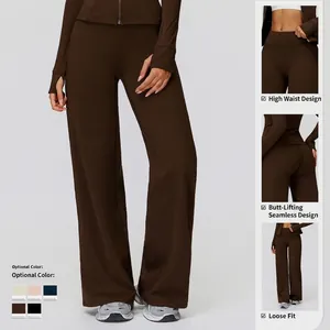 Women's high waist wide leg fleece lined thermal yoga pants and zip top activewear set