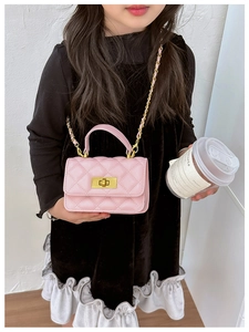 Pink quilted crossbody bag for girls with gold chain strap and metallic buckle detail
