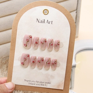 Handmade Press On Nails Pink Cat Eye Strawberry Pattern Glitter Short Square Detachable Fake Nails For Women