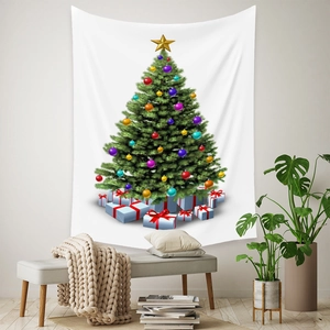 Detail view of a Christmas tree tapestry with gifts in a cozy home interior setting