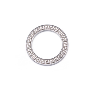 Titanium steel circle pendant featuring classic Greek key pattern on brushed metal surface