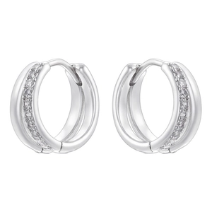 Detailed macro of silver double hoop earrings with micro-pave white zircon stones