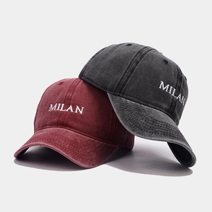 Vintage washed MILAN embroidered baseball caps in burgundy and charcoal grey