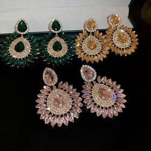 Sparkly teardrop flower drop earrings with full crystal accents in three elegant colors