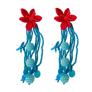 Bohemian floral tassel drop earrings with red flower petals and blue beaded fringes