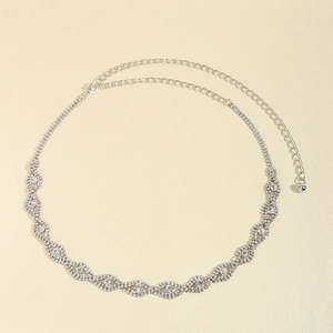 Elegant silver metal waist chain with sparkling rhinestones and adjustable clasp