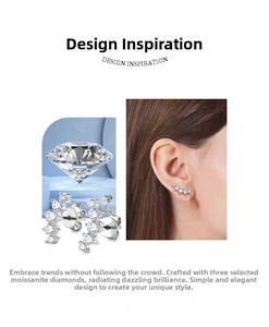 Close-up of curved moissanite earrings in 925 sterling silver with 5 brilliant stones