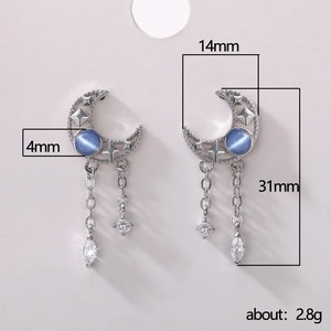 Elegant crescent moon and star drop earrings with blue opal and cubic zirconia