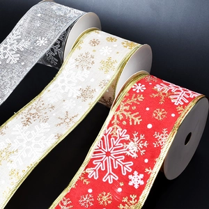 9m Christmas sheer ribbon with snowflake pattern in red, silver and white for gift wrapping