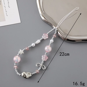 Pink and silver beaded phone strap with floral charms and stars, 22cm long accessory