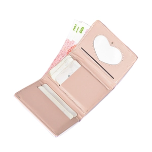Pink cartoon bear trifold wallet with multiple card slots and heart photo holder