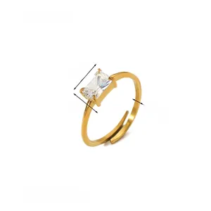 Detailed close-up of a 1.4g adjustable ring with 8mm rectangular zircon and gold finish