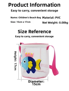 Detailed size chart of a white mesh children's beach bag with pink straps and blue fish