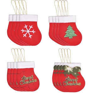 Set of 16 red felt Christmas stocking ornaments with gold Merry Christmas lettering
