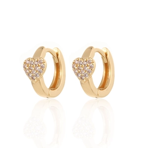 Elegant gold-plated heart huggie earrings with white zircon accents on white background
