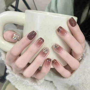 Red Brown French Ombre Press On Nails With Rhinestones Glitter Square Short Sweet Artificial Fingernails For Women
