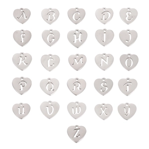 Set of 26 silver heart shaped stainless steel alphabet charms with A-Z hollow letters