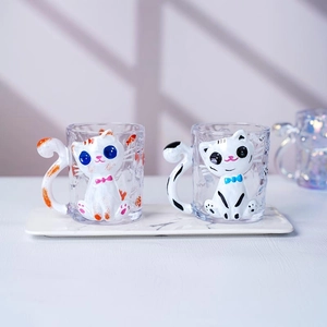 3D cute orange and black cat tail handle glass mugs for coffee and juice, set of 2