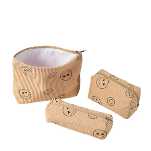 Three-piece corduroy cosmetic bag set with heart-eyed smiley face print in khaki