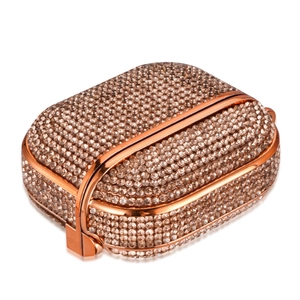 Detail of rose gold AirPods Pro case with full rhinestone inlay and side hanging loop