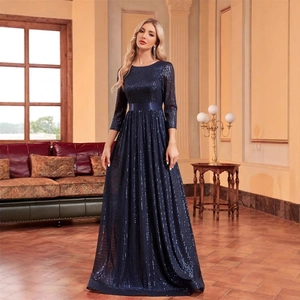 Elegant deep blue sequin maxi dress with long sleeves and satin waist belt for gala